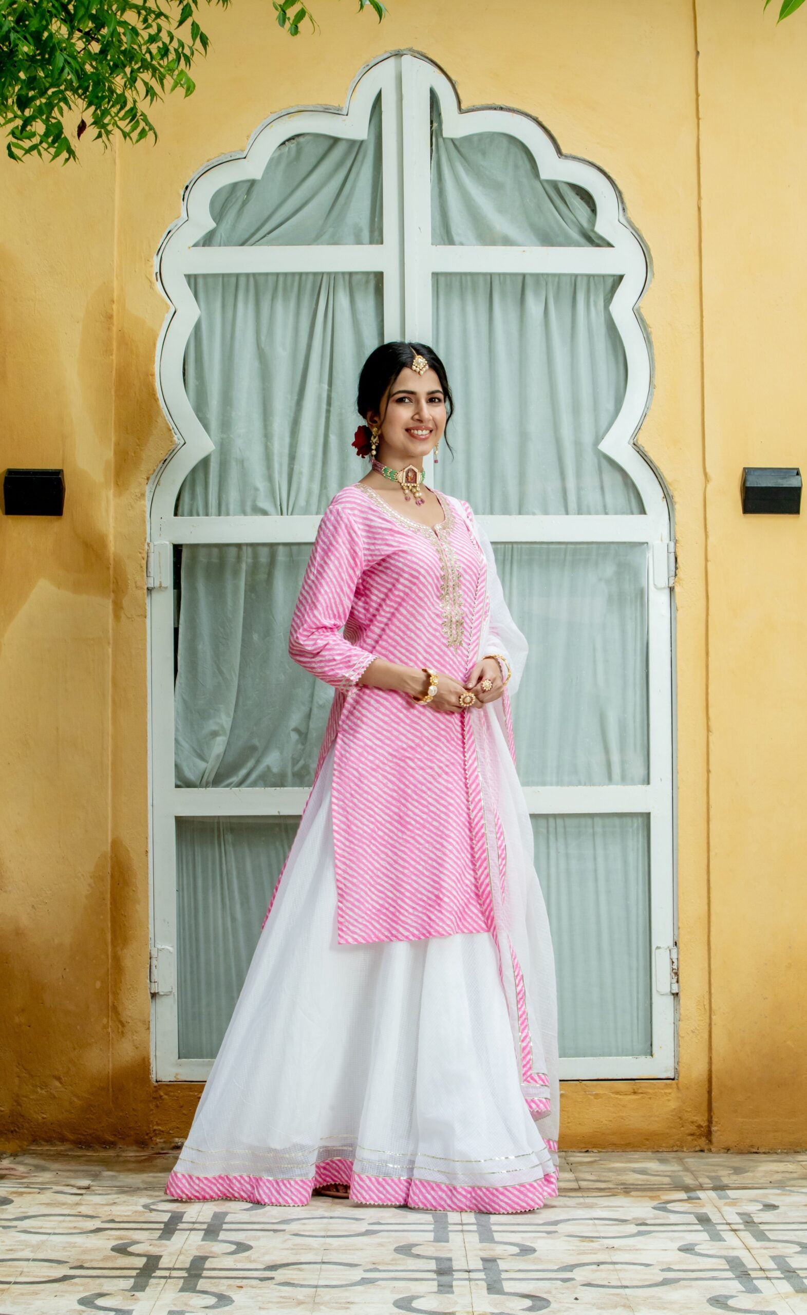 Aarika girls white-gajri colour cotton embroidery kurti skirt set - Aarika  - 4181527